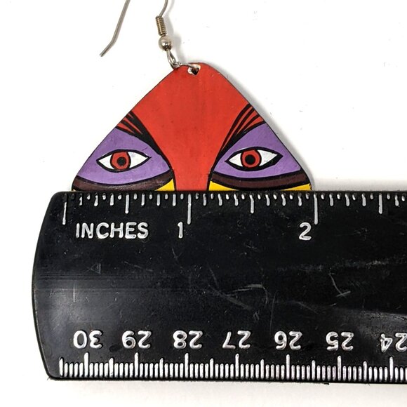 Artisan Painted Wood Dangle Earrings 80s Ethnic Tribal Mask 2" Vintage Festival - Picture 9 of 9